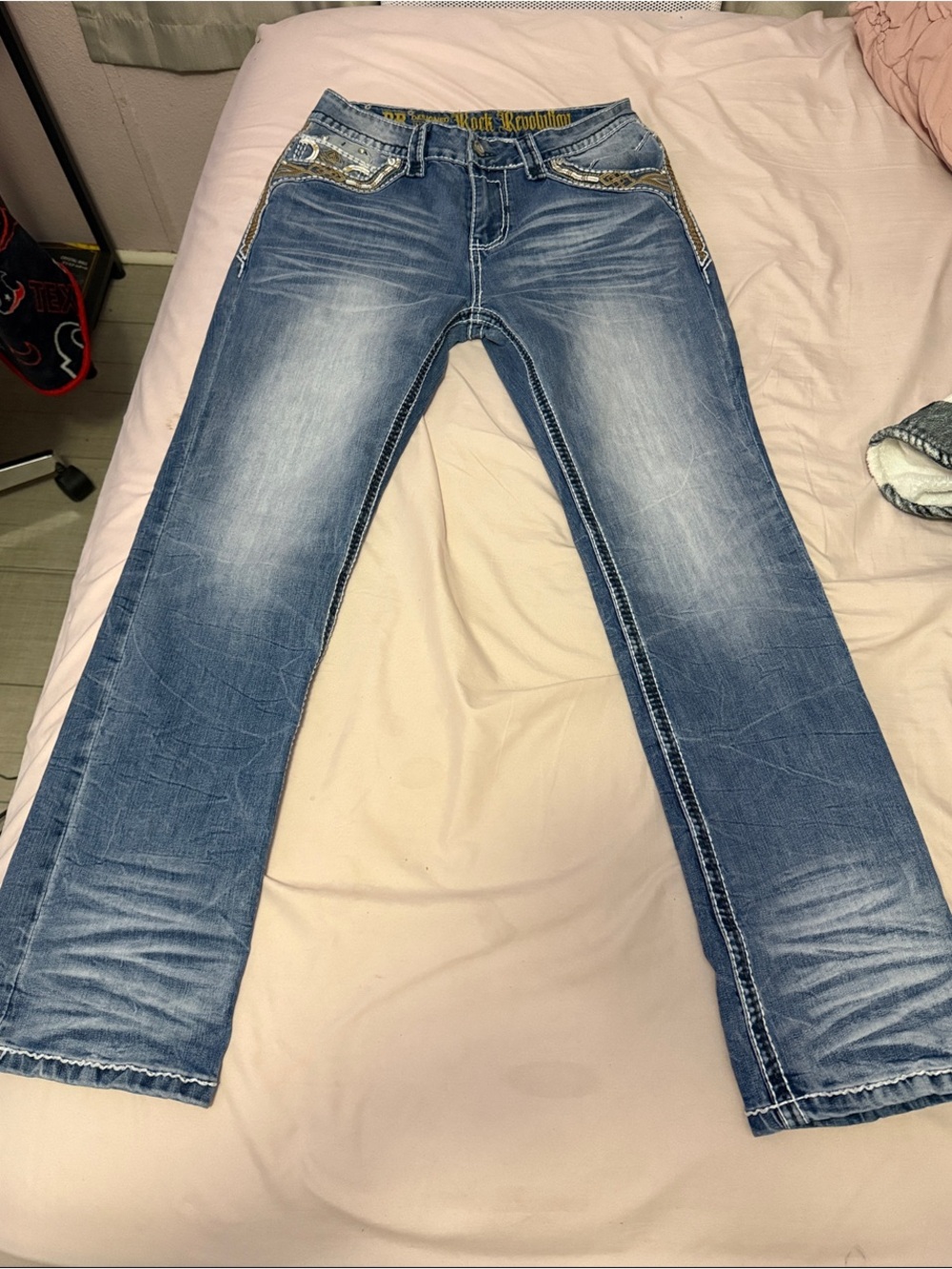 Rock Revival Men's Light Blue Straight-Leg Jeans with Embellished Pockets